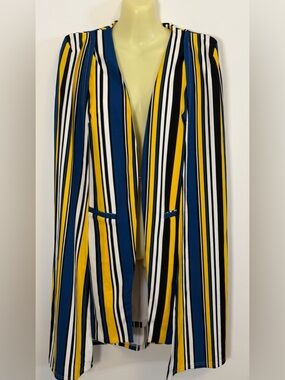 Fancy Me Couture Striped Cape Blazer in Navy, Mustard & White